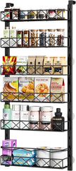 MIAOLI Over the Door Organizer, Black 6-Tier Pantry Door Organizer with Adjustable Basket, Hanging Spice Rack Cabinet Door Shelves, Laundry Room Organization and Storage