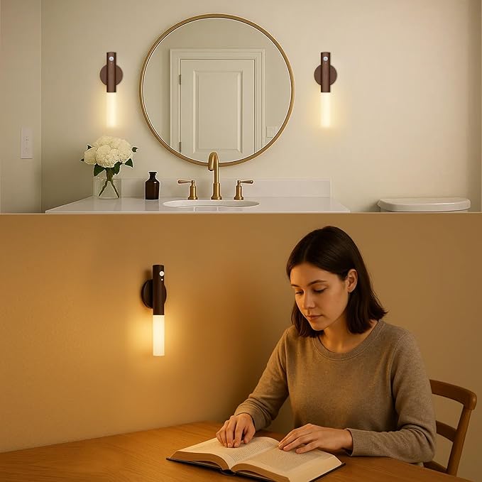 Rechargeable Motion Sensor Night Lights - 2200mAh Battery Operated Wall Sconces, Wireless Wall Lights Sconce, Magnetic Portable Hallway Light for Picture Stair Cabinet, 3000K 4 Pack