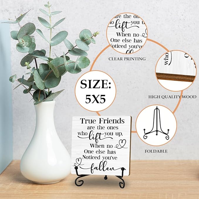 Friendship Quotes Desk Decor Gifts for Women Best Friends, True Friends Are The Ones Who Lift You Up Tabletop Sign, Motivational Wood Plaque With Iron Stand for Home Office Bedroom Shelf Desk Decor