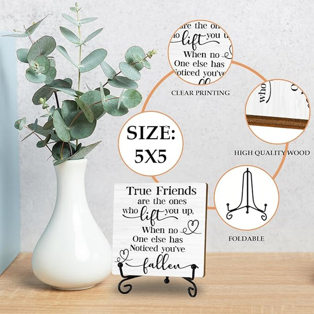 Friendship Quotes Desk Decor Gifts for Women Best Friends, True Friends Are The Ones Who Lift You Up Tabletop Sign, Motivational Wood Plaque With Iron Stand for Home Office Bedroom Shelf Desk Decor