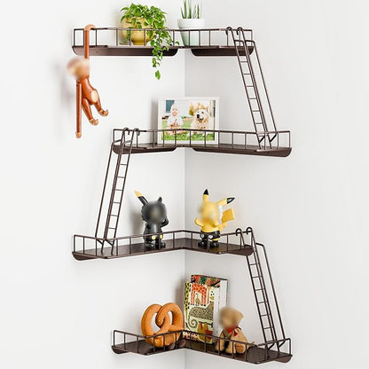 Fire Escape Wall Shelf - Modern City Style 4-Tier Corner Wall Shelves, Easy to Install Metal Ladder Shelf for Figures, New York Decorative Shelves for Bathroom, Living Room&Home Decor,Coffee
