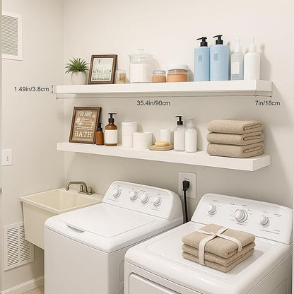 Floating Shelves for Wall, Bathroom Shelves Over Toilet, Wall Shelves & Book Shelf for Room, Hanging Shelf, Modern Wooden Mounted Floating Shelves, 36x7x1.5 in (White, Set of 2)