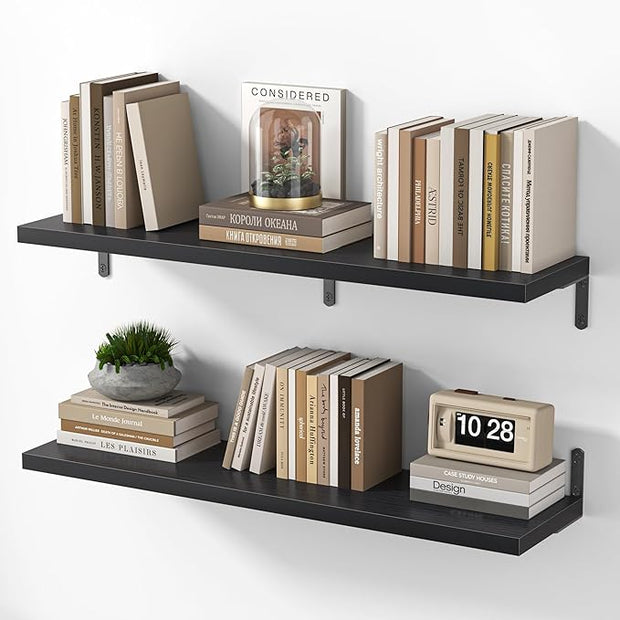 Marsmiles Extra Wide Floating Shelves for Wall, 36x8 Inch Natural Wood Grain Bookshelves, Heavy Duty Mounted Shelving for Bathroom, Kitchen, Living Room, Bedroom,Set of 2，Black