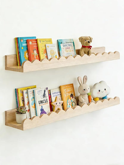 Scalloped Shelves for Nursery - Wall Book Shelves for Kids Room, Nursery Bookshelf for Wall Set of 2, Floating Book Shelves Wood, 20 Inches, Large