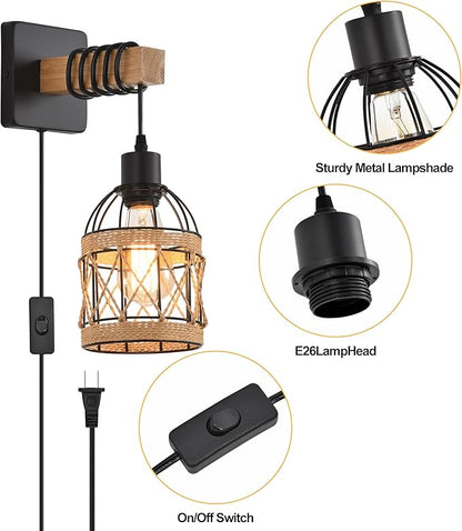 Rustic Wall Sconces Fixtures with Plug in Cord, Set of Two Indoor Vintage Rattan Wall Light Industrial Lamp Fixture Farmhouse Metal Sconces Light for Bedroom Bedside Living Room