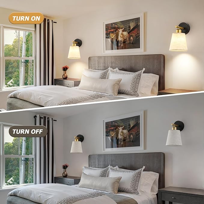 JOOSENLUX Battery Operated Wall Sconce Set of 2 with Fabric Shade – Rechargeable Cordless Wall Lamps, Remote Control, Dimmable LED, Black and Gold, Modern Decorative Accent Light