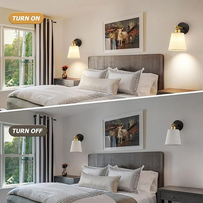 JOOSENLUX Battery Operated Wall Sconce Set of 2 with Fabric Shade – Rechargeable Cordless Wall Lamps, Remote Control, Dimmable LED, Black and Gold, Modern Decorative Accent Light