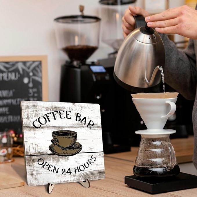 Coffee Bar Sign Plaque, Vintage Farmhouse Coffee Station Decor – 24 Hours Open Bar Plaque for Cafe, Home or Office, Rustic Kitchen Wall Art, CoffeeShop Accessories