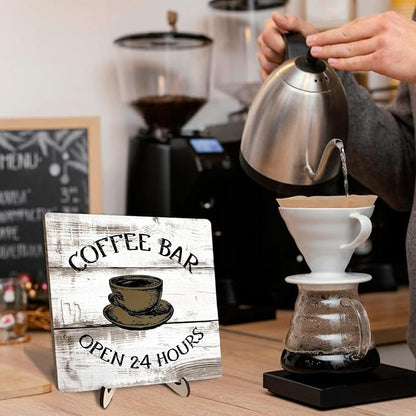 Coffee Bar Sign Plaque, Vintage Farmhouse Coffee Station Decor – 24 Hours Open Bar Plaque for Cafe, Home or Office, Rustic Kitchen Wall Art, CoffeeShop Accessories