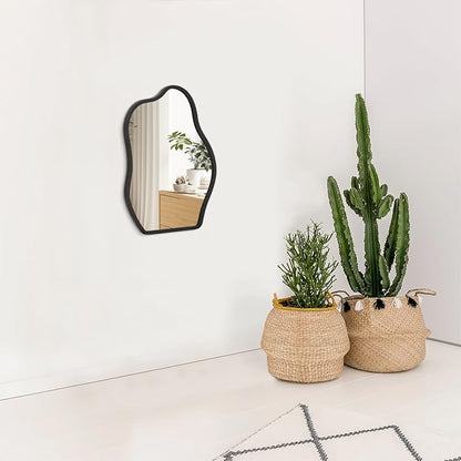 Modern Asymmetrical Mirror Unique Irregular Wooden Framed Mirror for Wall Hanging Mirrors Artistic Cloud Shape Wall Mirror Decor Bathroom Bedroom Living Room Entryway Hallway Small