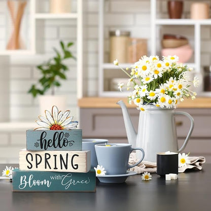 Amyhill Hello Spring Decoration Easter Home Decoration Daisy Table Wooden Sign Spring Easter Centerpiece Pastel Wooden Block for Farmhouse Shelf Office Tabletop Decor