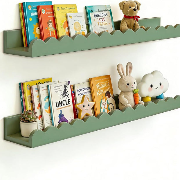 Nursery Book Shelves 20Inches, Scalloped Floating Shelves for Bedroom Kids, Nursery Shelves for Wall 2 Pack, Scalloped Shelf for Toddler Room, Baby Room, Sage, Large