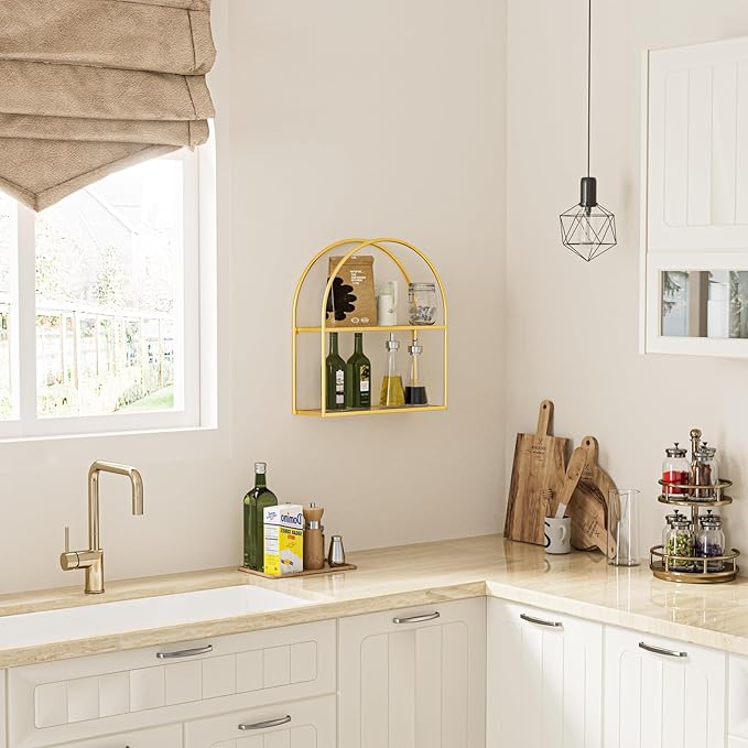 Crofy Gold Arched Frame Wall Shelf, Decorative 2 Tier Bathroom Wall Shelf with Transparent Tempered Glass Shelves and Robust Storage Capacity, 5.1