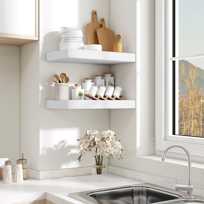 Fun Memories Wood Floating Shelves 16 Inch, 10 Inch Deep Shelves Wall Mount, Wall Shelves with Invisible Bracket, 16