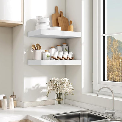 Fun Memories Wood Floating Shelves 16 Inch, 10 Inch Deep Shelves Wall Mount, Wall Shelves with Invisible Bracket, 16" Floating Shelves for Living Room Bathroom Bedroom, White, Set of 2