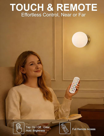 Battery Operated Rechargeable Wall Sconce Single, Brushed Gold Opal Glass Globe Wall Lamp, Wireless Touch & Remote Control, Dimmable 3 CCT + 12 RGB Colors for Bedroom Living Room Hallway