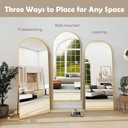 Arched Full Length Mirror, 64 "x 21" Floor Length Mirror with Stand, Wall Mounted Mirrors, Standing Mirrors with Aluminum Alloy Frame, Freestanding, Wall-Mounted or Leaning(Gold)