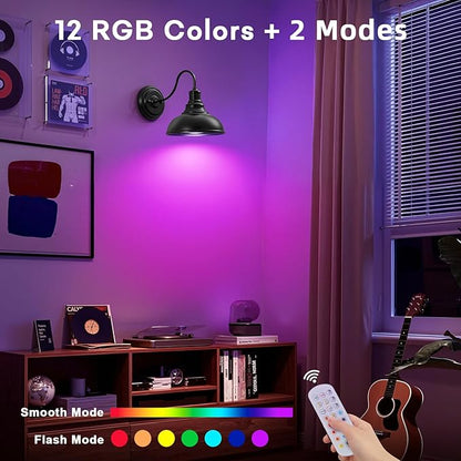 Lightess Black Battery Operated Wall Sconces Set of Two, Vintage Wireless Wall Lights with Rechargeable 12 Colors Bulbs, Dimmable Cordless Gooseneck Wall Decor Lamps with Remote Control