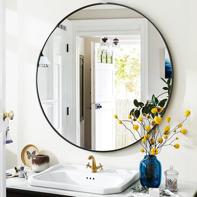 VooBang Black Round Bathroom Mirror, 24 inch Circle Wall Mounted Hanging Mirror with Simple Modern Circular Metal Frame for Hallway, Entryway, Living Room, Black Frame