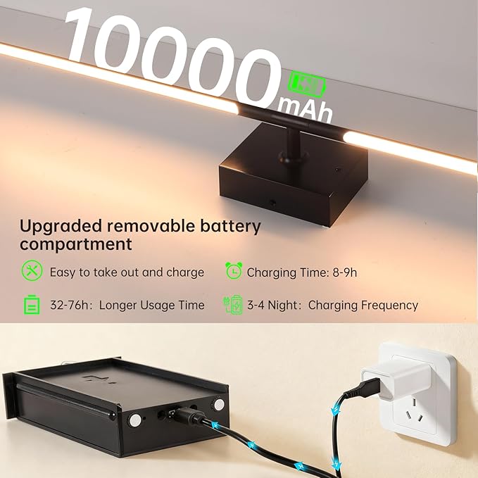 Battery Operated Wall Sconce Set of 2, 10000mAh Rechargeable Wall Sconces with Detachable Battery, Indoor 350°Rotate Wall Lights for Bedroom Living Room, Black, 31.5 Inch