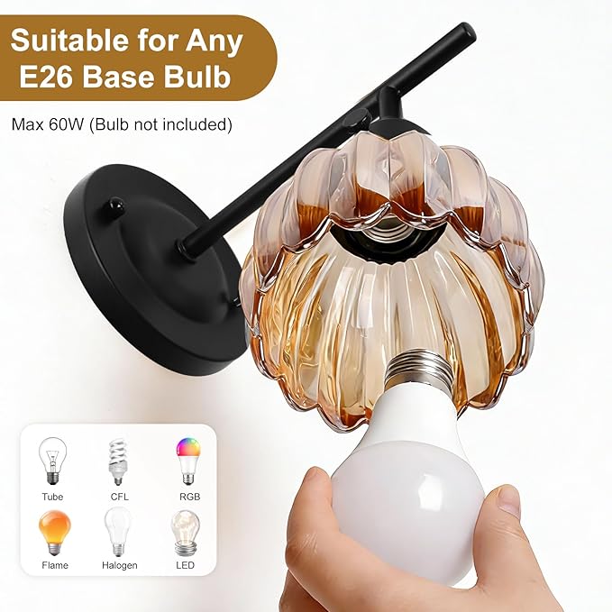 Vintage Wall Sconces with Cute Amber Tulip Glass Lampshade, Black Wall Sconces Hradwired Modern Wall Lighting Fixture with Switch for Bedside Bedroom Living Room Wall Decor