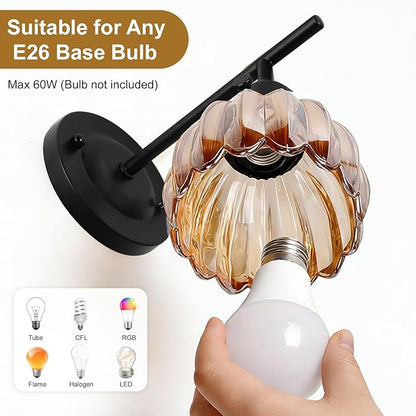 Vintage Black Wall Sconces Set of 2 with Cute Amber Tulip Glass Lampshade, Hardwired and Wireless Wall Mounted Light Fixtures (2 Usage Methods) with Switch for Bedside Bedroom Living Room Wall Decor
