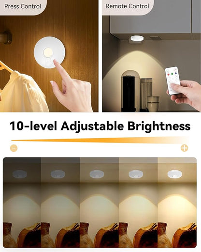 Rechargeable RGB Puck Lights with Remote Control, 1500mAh Battery Operated Push Lights, Dimmable & Timer Under Cabinet Lighting for Closet, Bedroom, Kitchen White 3Pcs