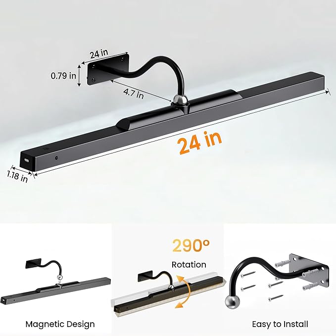 2 Pack Lights for Pictures on Wall Black - Cordless Battery Powered Wall Art Lighting with Dimmable Remote for Living Room, Bedroom & Hallway