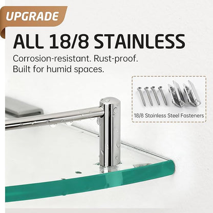 KES Glass Corner Shelf Bathroom Shelf Tempered Glass with Rail SUS 304 Stainless Steel Floating Wall Mount Bracket Polished Finish, BGS2101A