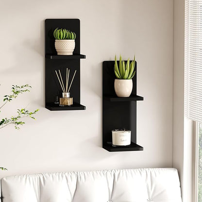 Floating Wall Shelves Set of 2, Black Solid Wood Double Layer Wall Mounted Shelf, 20 x 8 x 6 Inches, Modern Storage for Bedroom, Bathroom, Kitchen, Home Decor, Plants & Cosmetics