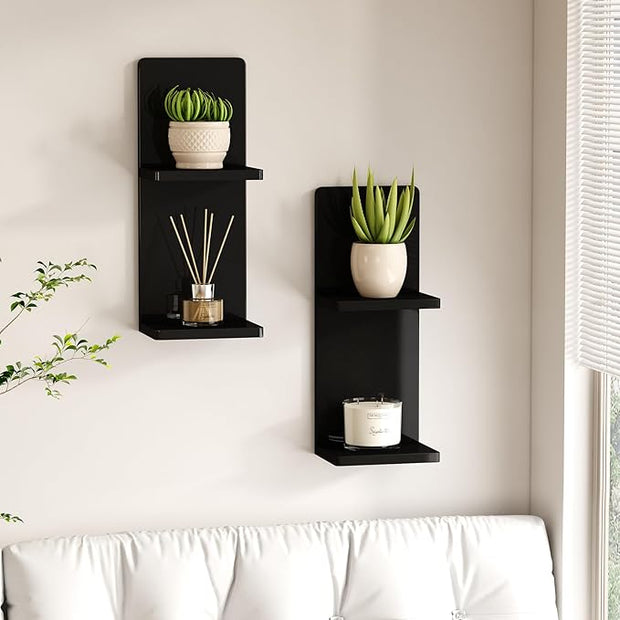 Floating Wall Shelves Set of 2, Black Solid Wood Double Layer Wall Mounted Shelf, 20 x 8 x 6 Inches, Modern Storage for Bedroom, Bathroom, Kitchen, Home Decor, Plants & Cosmetics