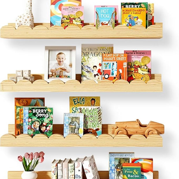 Nursery Floating Shelves for Kids Room, 4 Pack 15.7 Inch Natural Wood Wall Shelves with Scalloped Edge, Kids Bookshelves for Toddler Bedroom, Playroom, Baby Nursery Decor