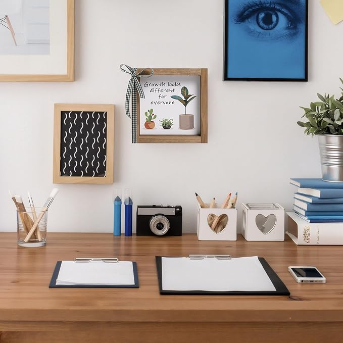 6 Inch Office Desk Decor, Wooden Growth Looks Different for Everyone Plant Sign, Rustic Motivational Art for Cubicle Table Shelf Classroom Inspirational Home Decorations