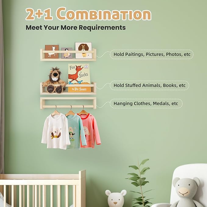 Floating Book Shelves for Wall, 16.5 inch Natural Wood Nursery Shelves for Book Storage, Solid Pine Wooden Floating Bookshelf for Bedroom Living Room, Set of 3, Unfurnished - DIY