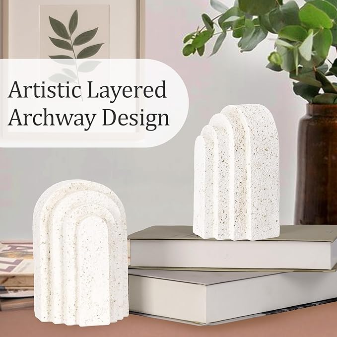 Heavy Duty Resin Bookends for Shelves - Modern Layered Arch Design, Aesthetic Home Decor,Stylish Decorative Book Ends