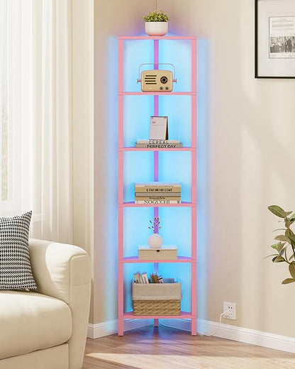TUTOTAK Corner Shelf with LED Light, 6-Tier Corner Bookshelf for Small Space, Narrow Display Corner Shelf Stand with Storage Rack, for Living Room, Bedroom, Pink BS05BP006L