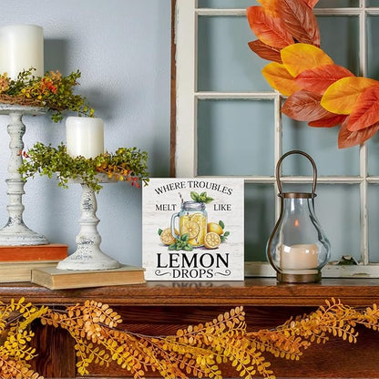 Lemon Themed Gifts Wood Box Sign - Where Troubles Melt Like Lemon Drops, Lemon Rustic Woods Table Decorative Signs for Office Home Lemonade Bar Tabletop Shelf Decoration, Motivational Gifts for Women
