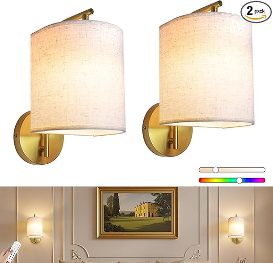Rechargeable Battery Operated Wall Sconces Set of 2 Wireless Wall Lights with Remote Control 12 RGB Colors Magnetic Bulbs 5200mAh Battery Wireless Sconces for Bedroom Living Room (Gold)