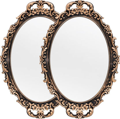 Vintage Decorative Gold Framed Mirror, Wall Hanging Mirrors & Tabletop Tray for Bedroom Living Room Dresser Decor, Oval- 9.6" W x 14.3" L (BRONZE-2PACK)