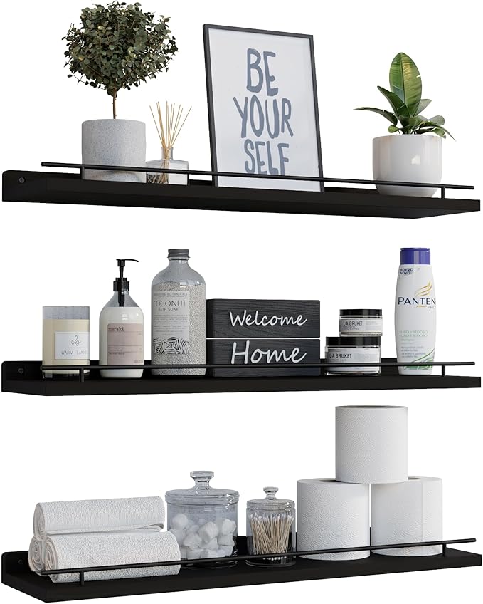 WOPITUES Floating Shelves 24 inch with Gold Metal Guardrail, Shelves for Wall Decor Set of 3, Wall Shelves for Bedroom, Bathroom, Kitchen, Living Room, Plants, Picture Frames, Art- Black
