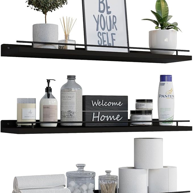 WOPITUES Floating Shelves 24 inch with Gold Metal Guardrail, Shelves for Wall Decor Set of 3, Wall Shelves for Bedroom, Bathroom, Kitchen, Living Room, Plants, Picture Frames, Art- Black
