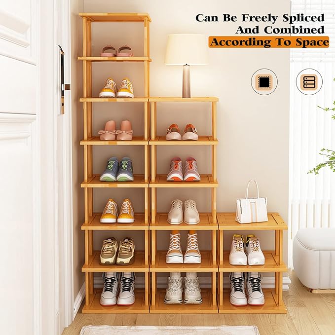 SAN HE Bamboo Shoe Rack 17 Tier- Vertical Shoe Rack for Small Spaces, Tall Narrow Shoe Rack Organizer for Closet Entryway Corner Garage and Bedroom,Skinny Shoe Shelf with Free Stackable DIY