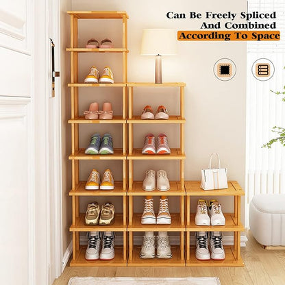 SAN HE Bamboo Shoe Rack 17 Tier- Vertical Shoe Rack for Small Spaces, Tall Narrow Shoe Rack Organizer for Closet Entryway Corner Garage and Bedroom,Skinny Shoe Shelf with Free Stackable DIY
