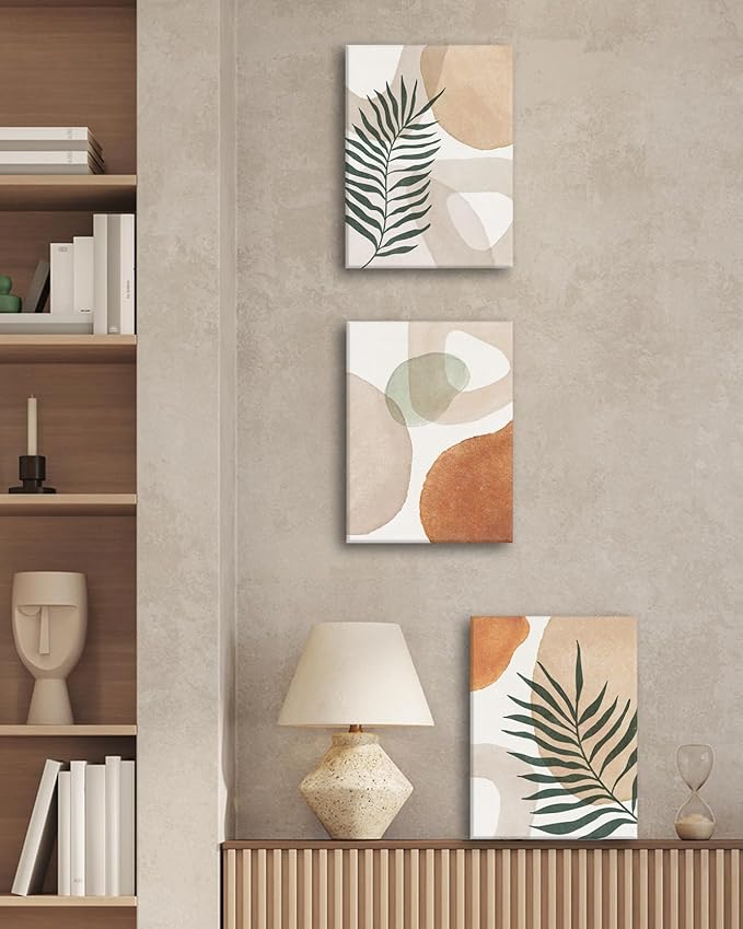 HesenDot Abstract Botanical Wall Art Set of 3, 30x40CM Neutral Plant Framed Canvas Prints, Beige Green Boho Aesthetic Wall Decor for Living Room Bedroom Bathroom Office Home