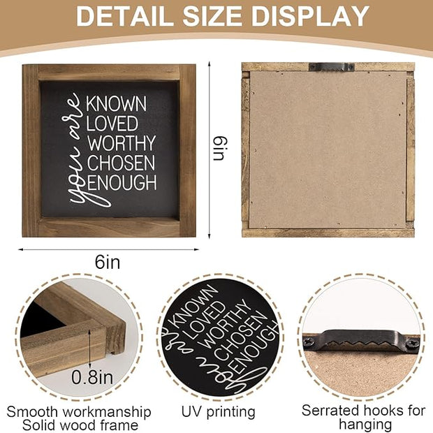 You Are Known Loved Worthy Chosen Enough Inspirational Sign, 6 Inch Wooden Positive Affirmations Wall Art Decor, Office Bedroom Bathroom Table Shelf Home Decorations