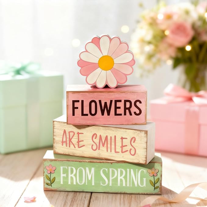 Spring Decoration Wooden Tiered Tray Decor – Daisy Flower Spring Stacked Block Sign – Farmhouse Tabletop Floral Spring Decor for Shelf Mantel Seasonal Home Display