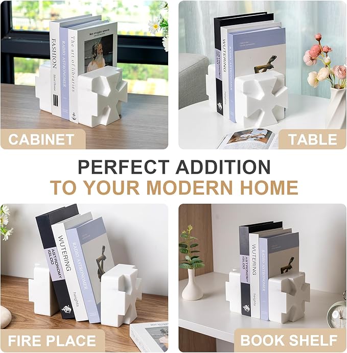 Decorative Square Marble Bookends for Heavy Books – Unique Book Ends for Shelves – Modern Aesthetic Book Holder/Stopper with Non-Slip Pads for Chic Home, Office, or Library Decor, White