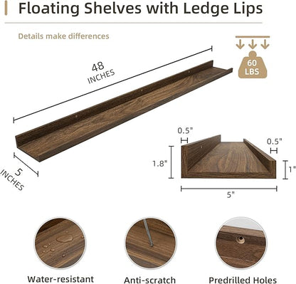 Picture Ledge Shelf, Wood Long Floating Shelves for Wall, Set of 2, 48 inch Picture Ledge Shelves, Photo Ledge Nursery Book Shelves Wall Mounted for Living Room Kids' Room Bedroom, Color Walnut