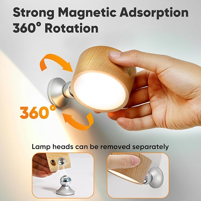 Rechargeable Wall Lights Battery Operated, Battery Wall Sconces Set of Two for Bedroom, Wood Lights of Sweden Wall Lamps, 360° Rotation Dimmable Brightness Wireless Wall Sconce with Touch Control
