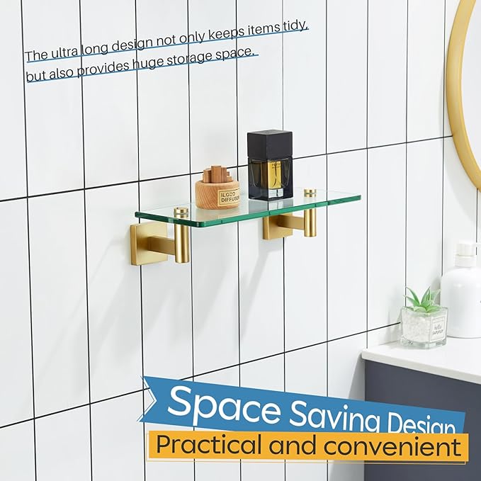 KOKOSIRI Wall Shelves Floating Shelf 12'' Gold Stainless Steel Bathroom Hardware Tempered Glass Hanging Rack Storage/Room Decor 2 Pack B1105BG-L12-P2